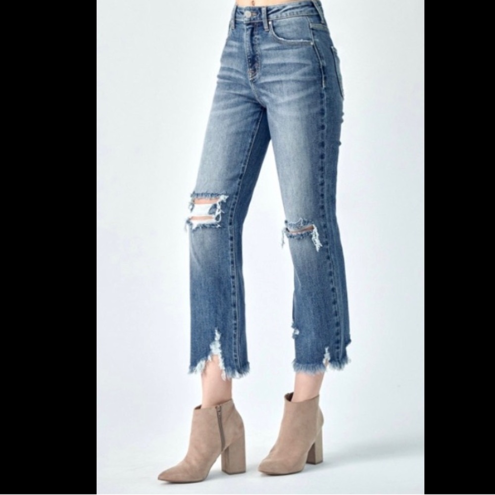 Risen Distressed Crop Kick Flare Jeans